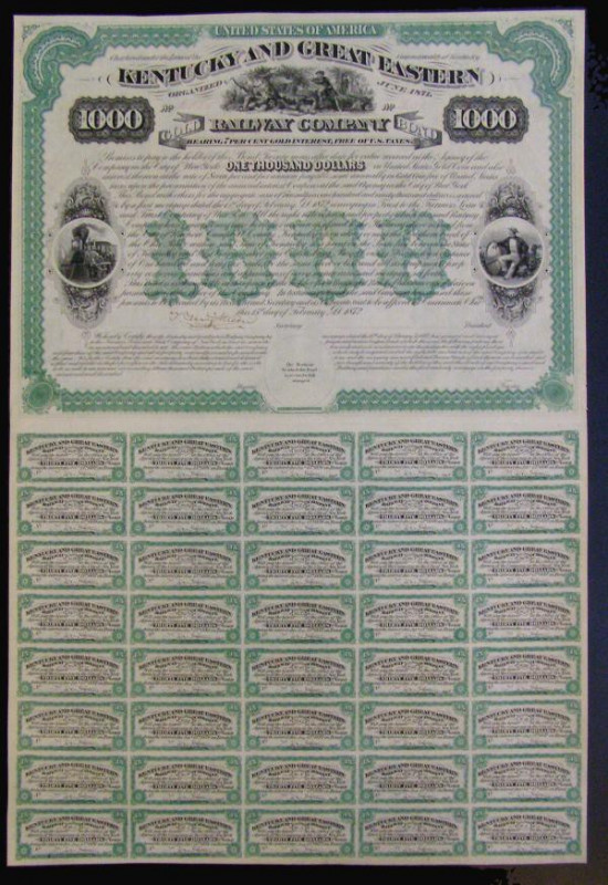 USA Kentucky and Great Eastern Railway Co, Bond for $1000, dated 1872, black and...