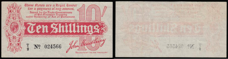 Ten Shillings Bradbury T8 issued 1914 series T/2 024566, GVF with two pinholes t...