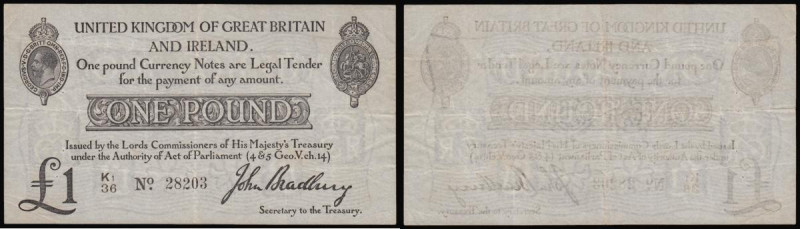 One Pound Bradbury T11.2 issued 1914, series K1/36 28203, portrait King George V...
