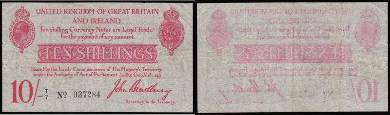 Ten Shillings Bradbury T13.1 issued 1915, series T/7 037284, portrait of King Ge...