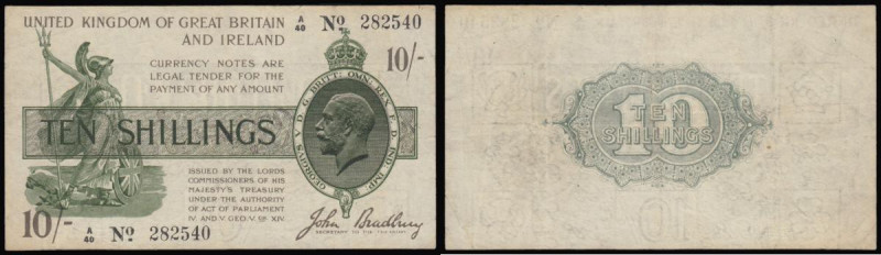 Ten Shillings Bradbury T18 issued 1918 black serial A/40 282540, No. with dash, ...