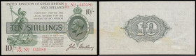 Ten Shillings&nbsp;Bradbury Third Issue&nbsp;T20&nbsp;Red Dash in number, 1918 serial number B100 445580 an attractive and crisp about AU with some fa...