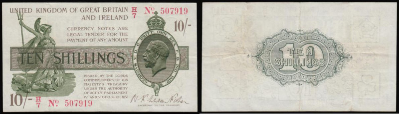 Ten Shillings Warren Fisher T25 issued 1919 series H/7 507919 (No. with dot) fir...
