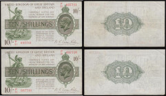 Ten Shillings Fisher Second issue (2) red serial numbers, with the word No. now omitted, T30. Serial numbers P/31 037750 and P/31 037751 a consecutive...