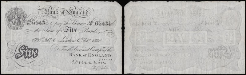 Five Pounds Mahon white note B215 London 6th February 1928 134/H 66431, (Pick320...