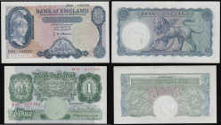 One Pounds Catterns B225 Green Britannia medallion issues 1930 serial number O16 873366 Unc or near so and scarce in this high grade along with Five P...