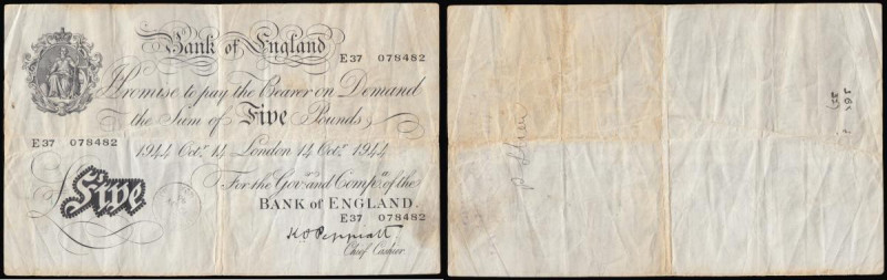 Five Pounds Peppiatt white B241 dated 14 Oct 1944 E37 078482 F-VF one pin hole a...