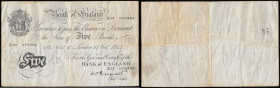 Five Pounds Peppiatt white B241 dated 14 Oct 1944 E37 078482 F-VF one pin hole and some stains

Estimate: GBP 50 - 80