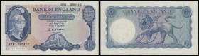Five Pounds O'Brien B277 issued 1957, a scarce FIRST RUN series A01 206412, Helmeted Britannia at left, Lion & Key reverse, (Pick371a), AU

Estimate...