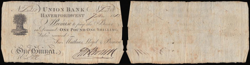 Haverfordwest Union Bank One Guinea dated 1813 series No.S388 for Mathias, Lloyd...