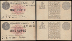 India, Government of India One Rupee George V 1917 signed Gubbay (2) a near consecutive pair B/54 932873 and 932875 VF-EF the 873 with one pinhole and...