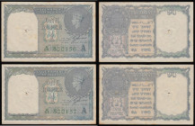 India, Government of India One Rupee George VI green serial number (2) consecutives A/57 830156 and 830157 both VF with usual central staple hole 

...