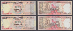 India, Reserve Bank of India 1,000 Rupees current issue (2) ERRORS missing print obverse so Gandhi and surrounding design very faint or missing comple...
