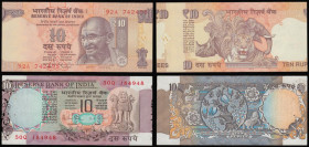 India, Reserve Bank of India 10 Rupees ERRORS (2) both printed off centre so the beginning of a second note is visible, the first with Asoka column at...