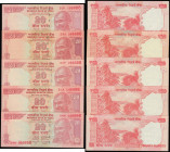 India, Reserve Bank of India 20 Rs Pick 103 (5) serial number 088888 matching set 20K 088888, 29A 088888, 50P 088888, 51A 088888, 54H 088888 all Unc
...