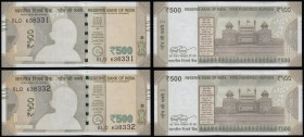 India, Reserve Bank of India 500 Rs 2018 issue (2) ERRORS, missing print error so Gandhi as a plain white silhouette Unc and consecutive numbers 5LD 6...