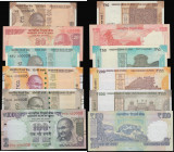 India, Reserve Bank of India serial number 000008 matching set recent issue 10 Rs 74E 000008, 20 Rs 75G 000008, 50 Rs 6BU 000008, 100 Rs 8CS 000008, 2...