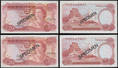 Jersey Twenty Pounds Specimens (2) undated (1976-1988 issue) AC000000, signature May, Reverse: Sailing ship and Gorey Castle, Pick 14bs UNC, Twenty Po...