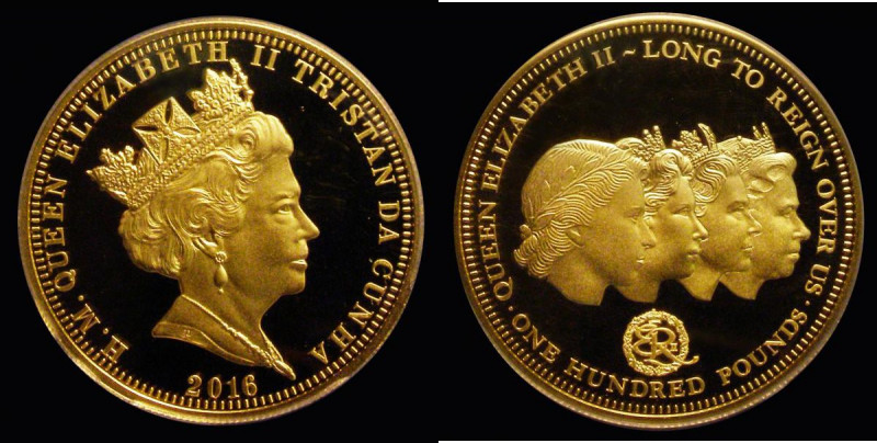 Tristan da Cunha &pound;100 Gold 2016 Queen Elizabeth II 90th Birthday, Five Por...