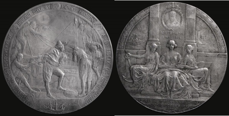 USA. Hudson-Fulton Celebration Medal 1909 101mm diameter in silver by Emile Fuch...