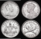 Australia Threepence 1910 KM#18 UNC and lustrous with a tiny rim nick, New Zealand Threepence 1933 KM#1 UNC and lustrous, the obverse with some light ...