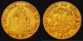 Chile Five Pesos Gold 1852 KM#122 VG or slightly better, a short 3-year series and seldom offered

Estimate: GBP 320 - 380