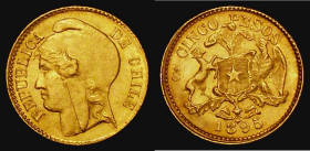 Chile Five Pesos Gold 1895 KM#153 GEF and lustrous, the edge milling weak from 12 o'clock to 4 o'clock, does not appear to have been in jewellery 

...