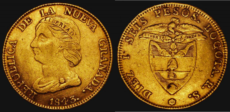 Colombia 16 Pesos Gold 1843RS KM#94.1 Fine/Good Fine, an impressive large South ...