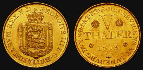 German States - Hanover Gold Five Thaler 1813 TW (Thomas Wyon), minted at the Royal Mint, KM#101 Plain edge, About EF and lustrous, a rare series and ...