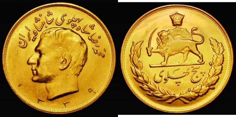 Iran Five Pahlavi Gold SH1339 (1960) KM#1364 NEF and lustrous, an impressive lar...