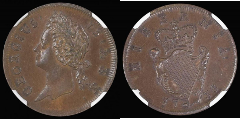 Ireland Halfpenny 1736 in an NGC holder and graded MS62 BN, a sharply struck exa...