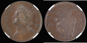 Ireland Halfpenny 1736 in an NGC holder and graded MS62 BN, a sharply struck example, we note only three examples have been graded higher by NGC 

E...