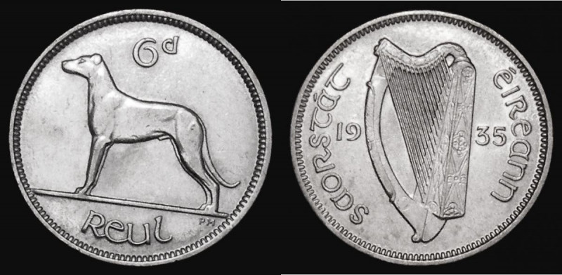 Ireland Sixpence 1935 S.6628 AU/GEF and lustrous with some minor hairlines

Es...