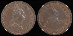 Isle of Man Penny 1786 S.7413 in an NGC holder and graded MS64 BN, a nicely struck example displaying traces of lustre

Estimate: GBP 250 - 450