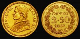 Italian States - Papal States 2 1/2 Scudi Gold 1857R KM#1117 A/UNC with a small scuff on the bust

Estimate: GBP 550 - 650