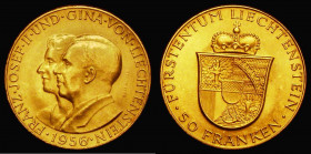 Liechtenstein 50 Franken Gold 1956 Franz Josef II and Princess Gina Y#16 UNC or near so and lustrous, Liechtenstein Gold issues seldom offered

Esti...