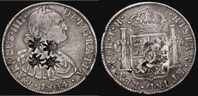 Mexico Eight Reales 1804 Mo TH KM#109 countermarked J D 5 6 these countermarks then overstamped with four separate 8-pointed sun or star shapes, coin ...