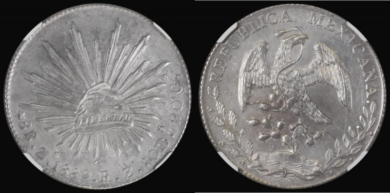Mexico Eight Reales 1889 Zacatecas Mint, Zs FZ KM#409.3 in an NGC holder AU Deta...