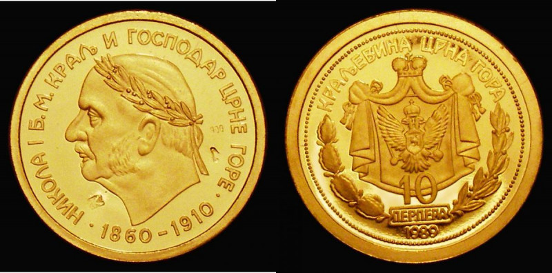 Montenegro Ten Perpera 1989 Gold Proof Restrike of the 1910 issue, commemorating...