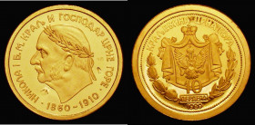 Montenegro Ten Perpera 1989 Gold Proof Restrike of the 1910 issue, commemorating the 50th Anniversary of the Reign of Nicholas I, now dated 1989, 3.42...