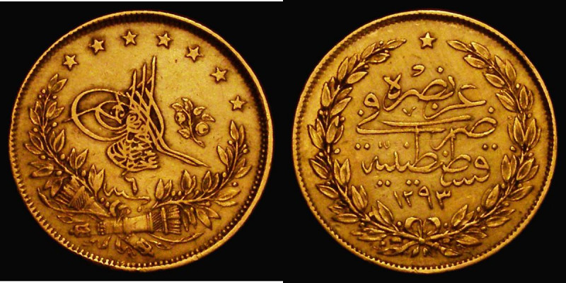 Turkey 100 Kurush Gold AH1293/6 (1882) KM#725 VF/GVF with some edge nicks

Est...