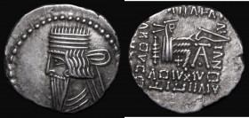 Ancient Persia - Parthian Empire Vologases III/Pakoros I (77-147AD). Silver Drachm, Ekbatana mint. Obverse: Diademed bust left with long pointed beard...