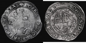 Halfcrown Charles I Group III, Third horseman, King wears scarf flying from waist, no caparisons on horse. Reverse: Oval garnished shield, type 3a1, S...