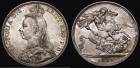 Crown 1887 ESC 296, Bull 2585 A/UNC and attractively toned, silver/grey with underlying mint lustre enhanced by flashes of gold, magenta and blue/gree...