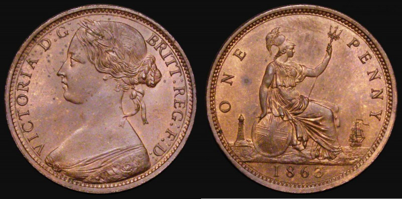 Penny 1863 Freeman 42 dies 6+G, UNC with traces of lustre, a sharply struck exam...