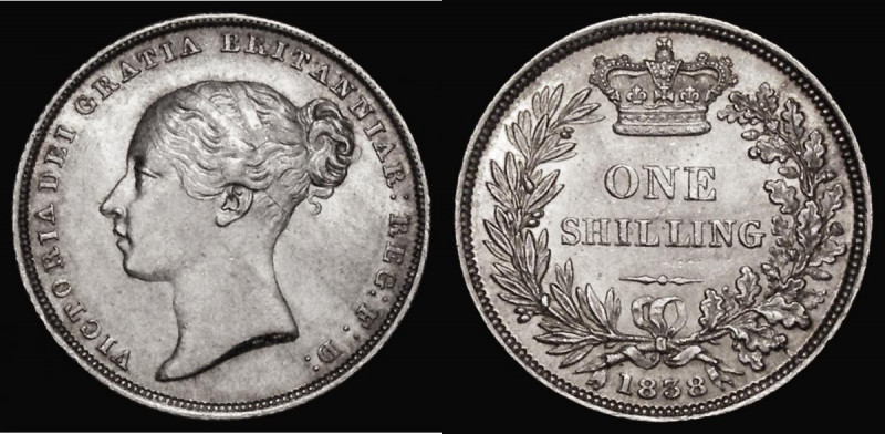 Shilling 1838 ESC 1278, Bull 2973 EF and lustrous, with hints of golden toning
...