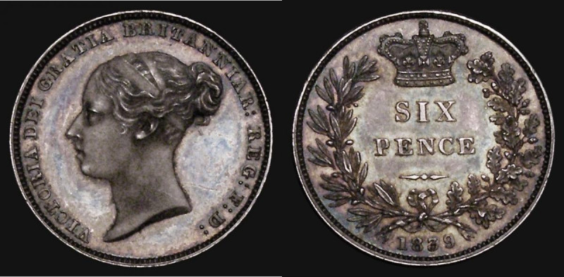 Sixpence 1839 Plain Edge Proof ESC 1685, Bull 3171, Davies 1031E, die axis uprig...