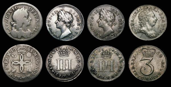 Maundy Odds (4) Fourpence 1683 ESC 1857, Bull 639, Threepences (3) 1686 Small O ...