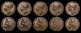Pennies (5) 1841 REG No Colon, Peck 1484 VF, 1853 Ornamental Trident Peck 1500 VF, 1854 Ornamental Trident Peck 1507 GVF/VF, 1855 Plain Trident Peck 1...