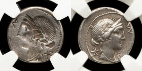 Mn. Aemilius Lepidus Silver Denarius 3.32 g., 17 mm. Rome 114 B.C. Ch VF (NGC).
